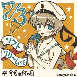  bikini blue_eyes blush clothes_writing dated female flat_chest food hat holding holding_food ice_cream ice_cream_cone imatomo_mahya kantai_collection licking sailor_bikini sailor_collar sailor_hat short_hair simple_background solo star_(symbol) swimsuit twitter_username upper_body white_bikini white_hat white_sailor_collar z1_leberecht_maass_(kancolle) z1_leberecht_maass_(swimsuit_mode)_(kancolle) 