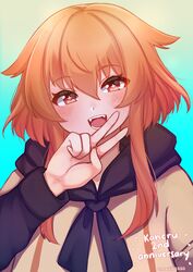  +_+ :d absurdres blue_background commentary dated english_commentary fangs female gradient_background hand_up highres indie_virtual_youtuber jacket kaheru_(vtuber) looking_at_viewer open_mouth orange_hair red_eyes scarf sidelocks signature smile solo temachii upper_body v virtual_youtuber 