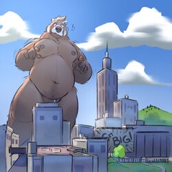  1:1 5_fingers anthro bear belly big_belly black_nose brown_body brown_fur city convenient_censorship fingers fur growth hair hi_res macro male mammal minedoo minedoo_(character) nipples overweight overweight_anthro overweight_male rampage sky solo 