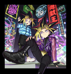  2boys alternate_costume black_footwear black_gloves black_hair black_pants black_shorts blonde_hair blue-eyes_white_dragon bright_pupils chains closed_mouth commentary_request copyright_name dark_magician dark_magician_girl dyed_bangs fingerless_gloves gloves highres jacket koma_yoichi leggings long_sleeves male_focus millennium_eye millennium_puzzle multicolored_hair multiple_boys muto_yugi neon_lights open_mouth pants purple_eyes shoes shorts sitting smile sneakers spiked_hair teeth tongue white_footwear yami_yugi yu-gi-oh! yu-gi-oh!_duel_monsters zipper_pull_tab 