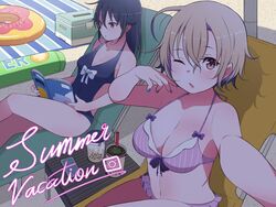  2girls ;o back_cutout beach_chair beach_towel bikini black_hair blue_nails bow bowtie breasts brown_eyes brown_hair bubble_tea cellphone cleavage clothing_cutout commentary_request cooler cup day english_text facebook facebook-san hair_between_eyes hair_flaps halterneck hand_on_own_face highres holding holding_magazine innertube instagram instagram-san large_breasts long_hair looking_at_viewer magazine_(object) medium_breasts multiple_girls nail_polish one-piece_swimsuit one_eye_closed outdoors personification phone reading selfie shade short_hair sitting smartphone swim_ring swimsuit towel tsukigi twitter-san 