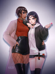  2girls alternate_costume black_hair blue_eyes boots breasts brown_hair candy dark-skinned_female dark_skin earrings fishnet_pantyhose fishnets food green_eyes hair_ornament highres hood hoodie irelia jewelry karma_(league_of_legends) kezi league_of_legends lollipop looking_at_viewer makeup medium_breasts multiple_girls nail_polish necklace pantyhose short_hair skirt thigh_boots thighhighs 