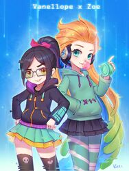  2girls alternate_costume black_hair blowing_bubbles blue_eyes brown_eyes chewing_gum glasses green_hair hair_ornament headset highres hood hoodie kezi league_of_legends long_hair multicolored_hair multiple_girls orange_hair pantyhose ponytail skirt smile thighhighs vanellope_von_schweetz very_long_hair wreck-it_ralph yellow_eyes yo-yo zoe_(league_of_legends) 