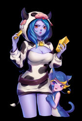  alistar_(league_of_legends) alternate_costume animal_ears artist_name bell blue_hair breasts cat_ears cleavage cowbell female genderswap_(mtf) highres kezi league_of_legends medium_breasts photoshop_(medium) purple_eyes red_eyes rule_63 tail 