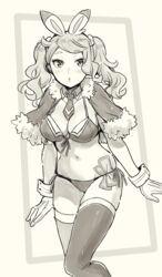  alternate_hairstyle bikini blush breasts capelet cleavage cosplay female front-tie_bikini_top front-tie_top fur-trimmed_capelet fur_trim gloves greyscale groin highres long_hair looking_at_viewer medium_breasts monochrome navel necktie nokataro open_mouth pokemon pokemon_swsh scorbunny scorbunny_(cosplay) shiny_clothes shiny_legwear short_necktie side-tie_bikini_bottom solo sonia_(pokemon) standing swimsuit thighhighs twintails wrist_cuffs wristband 