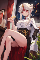  absurdres alternate_costume alternate_hairstyle black_gloves black_skirt breasts crossed_legs cup curtains female food geduan genshin_impact gloves hair_ornament hair_stick highres holding holding_food holding_pizza large_breasts legs looking_at_viewer md5_mismatch ningguang_(genshin_impact) ningguang_(pizza_hut)_(genshin_impact) pizza pizza_hut red_eyes resolution_mismatch shirt sidelocks single_glove sitting skirt smile solo source_smaller table tassel tassel_hair_ornament thighs white_hair white_shirt window 