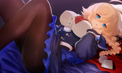  ahoge blazblue blonde_hair blue_dress blue_eyes braid breasts brown_pantyhose dress es_(xblaze) female highres large_breasts long_hair lying on_back on_bed oppai_loli pantyhose single_braid solo tea-supun xblaze xblaze_code:_embryo 