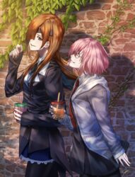  2girls absurdres akiwashi black_jacket blue_eyes brown_hair bubble_tea commentary_request drinking_straw eyepatch fate/grand_order fate_(series) from_side glasses hair_over_one_eye highres holding jacket long_hair long_sleeves looking_at_viewer mash_kyrielight multiple_girls necktie ophelia_phamrsolone outdoors pink_hair red_necktie shirt short_hair signature smile wall 