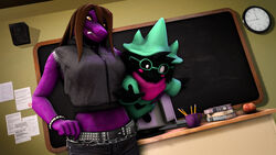  16:9 3d_(artwork) 5_fingers ambiguous_gender apple belt black_belt black_body black_bottomwear black_clothing black_fur black_pants book bottomwear bovid bracelet breasts brown_hair caprine chains chalk chalkboard classroom cloak clock clothed clothing computer_monitor deltarune desk digital_media_(artwork) duo eyewear female fingers food front_view fruit fur furniture glasses goat green_cloak green_clothing green_hat green_headwear grey_clothing grey_sweater grey_topwear hair hat headgear headwear heart_symbol hi_res holding_character inside jewelry keyboard lizard lizard_(petruz) loudspeaker mammal midriff muetank object_in_mouth pants pencil_(object) petruz_(copyright) pink_scarf plant purple_body purple_scales ralsei reptile scales scalie scarf school size_difference smile source_filmmaker_(artwork) standing susie_(deltarune) sweater table teeth topwear undertale_(series) widescreen writing_utensil yellow_eyes 