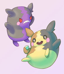  :d commentary_request frown grey_background holding morpeko morpeko_(full) morpeko_(hangry) no_humans open_mouth pokemon pokemon_(creature) purobe simple_background smile teeth upper_teeth_only 