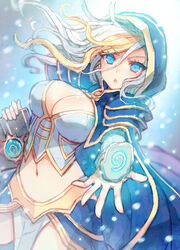  absurdres blonde_hair blue_eyes book breasts cleavage female hearthstone highres hood human_(warcraft) jaina_proudmoore kaworu_(1030) long_hair looking_at_viewer midriff multicolored_hair shoulder_pads thighs warcraft white_hair 