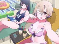  2girls ;d back_cutout beach beach_chair beach_towel bikini black_hair blue_nails bow bowtie breasts brown_eyes brown_hair bubble_tea cellphone cleavage clothing_cutout cooler cup day english_text facebook facebook-san hair_between_eyes hair_flaps halterneck hand_on_own_face highres holding holding_magazine innertube instagram instagram-san large_breasts long_hair looking_at_viewer magazine_(object) medium_breasts multiple_girls nail_polish one-piece_swimsuit one_eye_closed open_mouth outdoors personification phone pink_bikini reading sand selfie short_hair sitting smartphone smile swim_ring swimsuit towel tsukigi twitter-san 