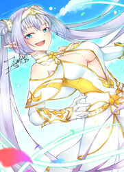  arm_guards bare_shoulders belt blue_eyes blue_sky blush breasts britomart_(fate) britomart_(second_ascension)_(fate) capelet center_opening cleavage double_bun dress elbow_gloves fate/grand_order fate_(series) female gloves gold_trim grey_hair hair_bun hairband highres large_breasts long_hair looking_at_viewer open_mouth pants pointy_ears sky smile solo taut_clothes taut_dress twintails very_long_hair white_capelet white_dress white_gloves white_pants zinku0206 