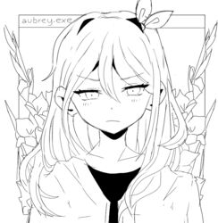  aubrey_(faraway)_(omori) aubrey_(omori) bad_id bad_reddit_id blush female flower frown greyscale hair_between_eyes hair_ribbon half-closed_eyes jacket lain_(basilomori) line_art long_hair looking_at_viewer monochrome omori ribbon shirt solo upper_body white_background windows_desktop 