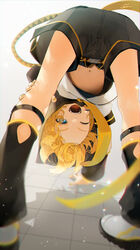  1boy ;d arm_support arm_warmers artist_name belt black_shorts blonde_hair blue_eyes blurry chromatic_aberration commentary depth_of_field eyes_visible_through_hair fangs forehead foreshortening gotou_(nekocat) highres kagamine_len kagamine_len_(vocaloid4) leg_warmers legs looking_at_viewer looking_through_own_legs male_focus nail_polish navel necktie one_eye_closed open_mouth sailor_collar shirt short_sleeves shorts simple_background smile solo teeth top-down_bottom-up upper_teeth_only upside-down v4x vocaloid white_background white_footwear white_shirt yellow_nails 