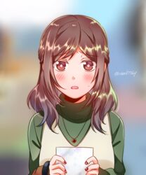  alternate_hairstyle blurry blurry_background blush brown_eyes brown_hair colored_eyelashes commentary_request d: depth_of_field female furrowed_brow half_updo heart heart_necklace holding holding_paper jewelry joshi_kousei_no_mudazukai juan_mao kikuchi_akane long_hair looking_at_viewer nail_polish necklace open_mouth paper parted_lips red_nails solo star_(symbol) sweatdrop turtleneck twitter_username upper_body 