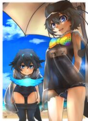  2girls :d arms_behind_back ass_visible_through_thighs bad_id bad_pixiv_id beach beach_umbrella bird_tail black_hair black_headwear black_legwear black_one-piece_swimsuit blue_eyes blue_sky bow bowtie clothes_pull cloud commentary_request covered_navel day gradient_bow hair_between_eyes hat head_wings highres kemono_friends leaning_forward looking_at_viewer multicolored_bowtie multiple_girls name_tag one-piece_swimsuit open_mouth outdoors pantyhose pantyhose_pull rainbow_bow rainbow_gradient robe school_swimsuit see-through sky smile superb_bird-of-paradise_(kemono_friends) swimsuit tail thin_(suzuneya) umbrella western_parotia_(kemono_friends) wings 