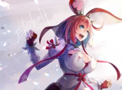  animal_ears bad_id bad_pixiv_id blue_eyes bracelet breasts cleavage clover dress elphelt_valentine female fingerless_gloves four-leaf_clover gloves guilty_gear guilty_gear_xrd hair_ribbon hairband highres jewelry open_mouth pink_hair pos_(shiratama-ya) rabbit_ears red_ribbon ribbon short_hair shoulder_spikes spiked_bracelet spiked_hairband spikes white_dress 