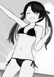  alternate_breast_size arm_up bad_id bad_twitter_id bikini breasts closed_eyes cowboy_shot female greyscale highres inactive_account kantai_collection long_hair mikuma_(2016_swimsuit_mode)_(kancolle) mikuma_(kancolle) monochrome open_mouth side-tie_bikini_bottom small_breasts smile solo standing string_bikini swimsuit twintails yotubawatane 