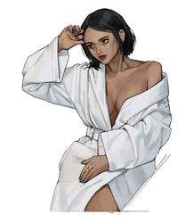  arm_up black_hair breasts cleavage cowboy_shot female jewelry long_sleeves medium_breasts naked_robe off_shoulder original purple_nails ring rinotuna robe short_hair simple_background solo white_background white_robe 