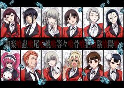  2boys 6+girls aqua_lips braided_hair_rings commentary_request formal graphite_(medium) grey_hair hair_ornament highres honebami_miroslava hyakkaou_academy_school_uniform inbami_miyo jacket kakegurui komabami_nozomi lips lipstick makeup mask momobami_kirari momobami_ririka multiple_boys multiple_girls mushibami_erimi obami_ibara obami_rin photoshop_(medium) poker_chip red_jacket red_suit sasaya school_uniform suit suit_jacket totobami_terano totobami_yumi traditional_media unworn_mask warakubami_sumika youbami_miri 