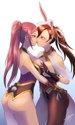  2girls after_kiss animal_ears ass ass_grab asymmetrical_docking bare_hips bare_shoulders blush bottomless braid braided_ponytail breast_press breasts breasts_out brown_eyes brown_hair cleavage commission commissioner_upload detached_collar earrings fire_emblem fire_emblem_fates fire_emblem_heroes french_kiss gloves grabbing grabbing_another&#039;s_breast hair_ornament hair_over_one_eye holding jewelry juunishi_aya kagero_(fire_emblem) kagero_(spring)_(fire_emblem) kissing large_breasts lips loki_(fire_emblem) loki_(spring)_(fire_emblem) long_hair mature_female multiple_girls ninja non-web_source official_alternate_costume open_mouth pantyhose pixiv_commission playboy_bunny ponytail purple_eyes purple_hair rabbit_ears rabbit_tail ribbon rubber_gloves simple_background smile staring tail tassel thighhighs tongue tongue_out white_ribbon yuri 