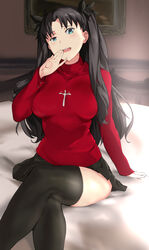  absurdres bad_id bad_pixiv_id black_hair black_thighhighs blue_eyes breasts cafekun commentary_request commission fate/stay_night fate_(series) female hair_ribbon highres large_breasts long_hair long_sleeves looking_at_viewer on_bed ribbon sitting skirt solo thighhighs tohsaka_rin two_side_up 