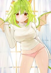  absurdres bow bow_panties breasts closed_mouth commentary_request commission contrapposto curtains dragon_girl dragon_wings female funamusea green_hair haiiro_teien highres horns indoors korean_commentary large_breasts long_hair long_sleeves looking_at_viewer medium_hair navel no_eyewear no_pants orange_eyes panties pink_panties shirt sleeves_past_wrists solo soradally standing sweater turtleneck turtleneck_sweater underwear variant_set white_shirt window wings yosafire_(funamusea) 