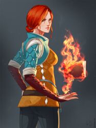  casting_spell element_bending female fingerless_gloves fire gloves green_eyes hair_bun holding_flame looking_at_viewer looking_back magic orange_hair pants pyrokinesis shunkaku single_hair_bun spell the_witcher_(series) the_witcher_3 triss_merigold 