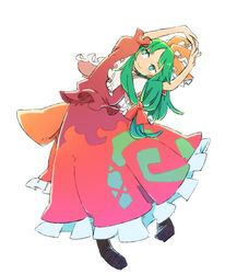  arms_up black_footwear commentary_request female frilled_skirt frills front_ponytail green_eyes green_hair hair_ribbon kagiyama_hina leaning_to_the_side long_hair red_ribbon red_shirt red_skirt ribbon shirt short_sleeves simple_background skirt smile solo touhou white_background ziro_(daydozen) 