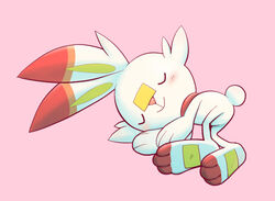  blush closed_eyes closed_mouth commentary_request full_body lying no_humans on_side pink_background pokemon pokemon_(creature) purobe scorbunny simple_background sleeping smile solo toes 