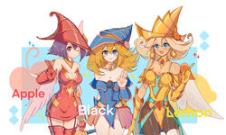  3girls absurdres apple_magician_girl bare_shoulders bike_shorts black_shorts blonde_hair blue_eyes blue_headwear blush boots breasts brown_eyes cleavage cowboy_shot dark_magician_girl dress duel_monster earrings flipped_hair gloves hand_up hat heart highres jewelry large_breasts lemon_magician_girl long_hair looking_at_viewer multiple_girls off_shoulder one_eye_closed open_mouth platinum_blonde_hair raimo red_dress red_gloves red_headwear red_legwear short_hair shorts smile strapless strapless_dress thigh_boots thighhighs v wizard_hat yellow_gloves yellow_headwear yu-gi-oh! yu-gi-oh!_the_dark_side_of_dimensions 