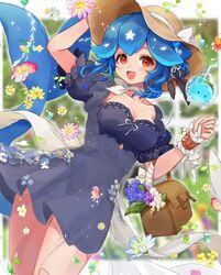  bao_(vtuber) bao_(vtuber)_(6th_costume) blue_dress blue_hair breasts brown_eyes brown_hat cetacean_tail choker cleavage collarbone commentary dress english_commentary female fins fish_tail flower hat highres indie_virtual_youtuber medium_breasts nail_polish oerba_yun_fang official_alternate_costume orange_flower pink_flower purple_flower rabio_(labi555) see-through see-through_dress short_hair solo sun_hat tail virtual_youtuber whale white_choker white_nails wrist_cuffs 