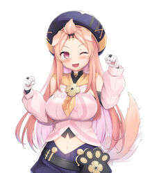  ;3 ;d absurdres alternate_costume animal_ears bad_id bad_pixiv_id bag bangs_pinned_back belt blush breasts choker commentary_request cosplay detached_sleeves diona_(genshin_impact) diona_(genshin_impact)_(cosplay) dog_ears dog_girl dog_tail female forehead genshin_impact gloves hair_ornament hat highres indie_virtual_youtuber large_breasts long_hair long_sleeves looking_at_viewer midriff navel one_eye_closed paw_pose paw_print pink_hair puffy_detached_sleeves puffy_shorts puffy_sleeves purple_eyes sango_shuka shorts sidelocks simple_background smile solo tail tousaki_(tousakiworks) virtual_youtuber white_background white_gloves 