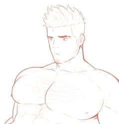  1boy abs bara chest_hair facial_hair goatee hunterkay large_pectorals male_focus monochrome muscular muscular_male nipples original pectorals sideburns solo topless_male upper_body white_background 