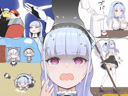  &gt;_&lt; 3girls @_@ a_(yyyaa) azur_lane belfast_(azur_lane) black_footwear black_skirt blunt_bangs blush_stickers breasts check_commentary chibi clothing_cutout commander_(azur_lane) commentary commentary_request crying cup dido_(azur_lane) doll grey_hair hairband handkerchief high_heels highres imagining large_breasts maid manjuu_(azur_lane) medium_hair miniskirt mop multiple_girls panties pantyshot pink_eyes sirius_(azur_lane) skirt standing sweat sweatdrop tea teabag teacup thighhighs thought_bubble underboob_cutout underwear water_boiler waving wavy_mouth white_panties white_thighhighs 