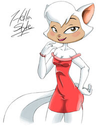  anthro blush bracelet breasts cats_don&#039;t_dance cleavage clothed clothing domestic_cat dress felid feline felis female fur hellastyle jewelry lipstick looking_at_viewer makeup mammal nightgown sawyer_(cats_don&#039;t_dance) smile solo warner_brothers white_body white_fur 