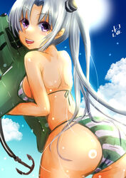  ahoge aircraft airplane akitsushima_(kancolle) ass bikini blue_sky cloud commentary_request cowboy_shot day female flying_boat from_behind grey_hair h8k hat highres inflatable_toy kantai_collection long_hair looking_at_viewer mini_hat mizuya_chiharu nishikitaitei-chan one-hour_drawing_challenge purple_eyes purple_hair side_ponytail sky striped_bikini striped_clothes swimsuit 