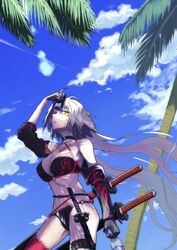  ahoge ass_visible_through_thighs bikini black_bikini black_gloves blue_sky bottle breasts breasts_apart can_to_forehead cloud day deishuu fate/grand_order fate_(series) female from_below gloves grey_hair groin_tendon jeanne_d&#039;arc_alter_(fate) jeanne_d&#039;arc_alter_(swimsuit_berserker)_(fate) katana large_breasts looking_at_viewer navel outdoors palm_tree sky solo swimsuit sword thighhighs thighs tree water_bottle weapon yellow_eyes 