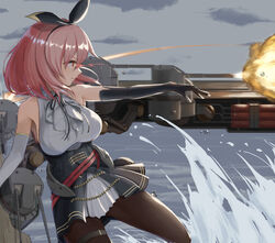  a_(yyyaa) armpit_crease armpits azur_lane black_gloves black_pantyhose black_prince_(azur_lane) black_ribbon breasts cannon center_frills commentary corset elbow_gloves female firing frills from_side gloves glowing glowing_eyes hairband highres medium_breasts medium_hair neck_ribbon ocean outdoors pantyhose pink_hair pleated_skirt red_eyes ribbon rigging skirt sleeveless solo spray thigh_strap walking walking_on_liquid water white_gloves 