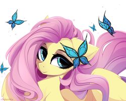  5:4 absurd_res arthropod butterfly equid equine female feral fluttershy_(mlp) friendship_is_magic hair hasbro hi_res insects lepidopteran mammal my_little_pony mythological_creature mythological_equine mythology pegasus pink_hair simple_background smile solo white_background wings xsatanielx yellow_body 