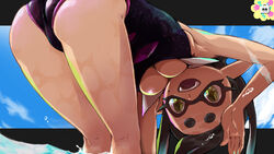  +_+ alternate_costume armpits arms_up ass bent_over black_hair blue_background blue_sky breasts callie_(splatoon) cleavage cloud commentary_request day fangs female from_behind happy hideyoshi_(swliyhbpe9xqqze) inkling kneepits legs legs_together letterboxed long_hair looking_at_viewer looking_back medium_breasts mole mole_under_eye one-piece_swimsuit open_mouth outdoors outside_border pointy_ears purple_one-piece_swimsuit shiny_skin skindentation sky smile solo splatoon_(series) standing swimsuit teeth tentacle_hair thick_eyebrows water waving wet yellow_eyes 