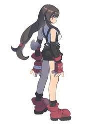  alpaca_carlesi bandaged_hand bandages bare_shoulders black_gloves black_hair black_skirt boots breasts crop_top elbow_gloves elbow_pads female final_fantasy final_fantasy_vii fingerless_gloves full_body gloves highres large_breasts long_hair looking_to_the_side low-tied_long_hair miniskirt profile red_eyes red_footwear red_gloves shirt skirt sleeveless sleeveless_shirt solo standing suspenders tifa_lockhart white_background white_shirt 