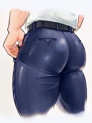  1boy ass ass_focus back_cutout bara belt blue_pants bolloxxxz clothing_cutout commentary english_commentary from_behind highres male_focus original pants shirt simple_background solo taut_clothes taut_pants thick_thighs thighs white_background white_shirt 