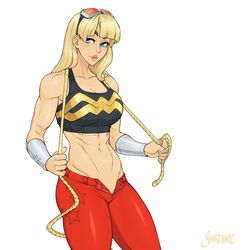  abs artist_name black_sports_bra blue_eyes blunt_bangs bracer breasts cassie_sandsmark collarbone dc_comics facing_viewer female fingernails goggles goggles_on_head highres large_breasts lips looking_to_the_side medium_hair midriff mismatched_eyebrows muscular muscular_female nose obliques open_fly pants red-tinted_eyewear red_pants rope shardanic signature solo sports_bra straight_hair superhero_costume thick_eyebrows tight_clothes tight_pants tinted_eyewear white_background wonder_girl 