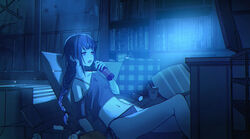  absurdres bare_shoulders bottle bra_strap braid contemporary couch drink drooling female genshin_impact half-closed_eyes highres hikikomori holding holding_drink iinagi_(kashiwa_keira) indoors light_rays long_hair low-braided_long_hair low-tied_long_hair navel night no_pants off_shoulder open_clothes open_mouth open_shirt panties pillow purple_eyes purple_hair raiden_shogun shelf shirt sitting slovenly solo television underwear watching_television 