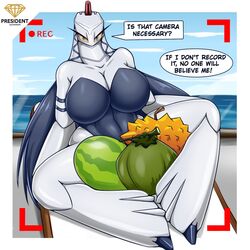  1:1 accessory anthro big_breasts blue_hair breasts clothed clothing dayra_(president_alexander) duraludon durian english_text female food fruit generation_8_pokemon hair hi_res huge_breasts melon multicolored_body nintendo plant pokemon pokemon_(species) pokemorph presialexander solo text thick_thighs watermelon 