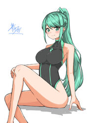  absurdres aotsuba breasts chest_jewel female green_eyes green_hair highres large_breasts long_hair one-piece_swimsuit pneuma_(xenoblade) ponytail simple_background swept_bangs swimsuit very_long_hair white_background xenoblade_chronicles_(series) xenoblade_chronicles_2 