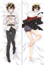  1boy ass blue_eyes blush brown_hair chaldea_logo chaldea_uniform command_spell dakimakura_(medium) embarrassed fate/grand_order fate_(series) from_behind fujimaru_ritsuka_(male) fujimaru_ritsuka_(male)_(mage&#039;s_association_uniform) full_body highres kapiyarou looking_at_viewer looking_back male_focus multiple_views official_alternate_costume open_mouth underwear 