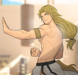  1boy abs bad_id bad_pixiv_id blonde_hair brown_hair chiron_(fate) fate/apocrypha fate_(series) hunterkay long_hair male_focus muscular muscular_male parted_bangs pectorals smile solo sweat tied_hair topless_male training 